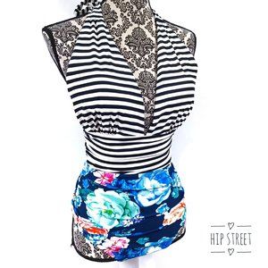 CUPSHE Halter Stripe & Floral Ruche One Piece Swimsuit L